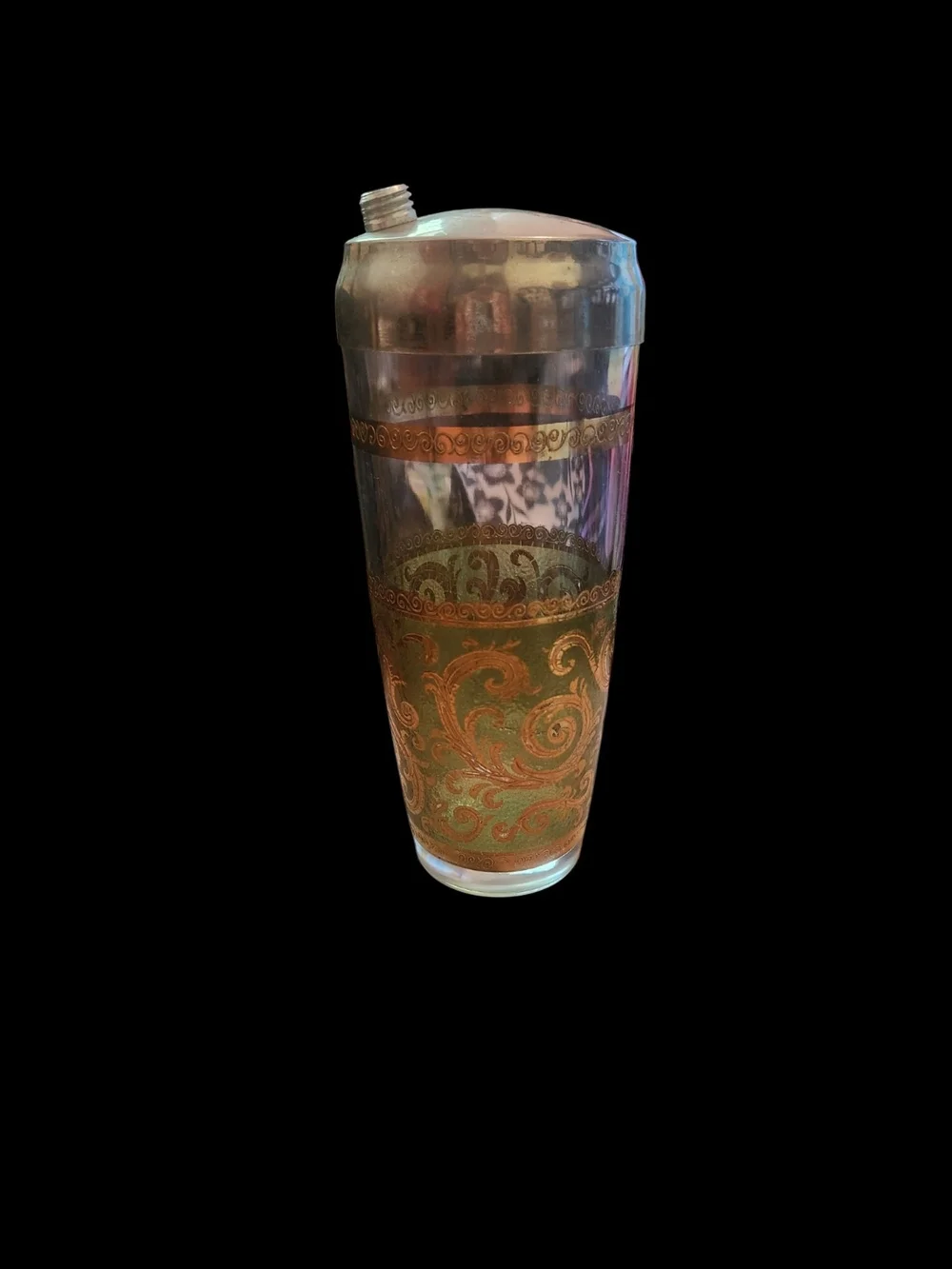 Vintage MCM Culver Toledo Gold-Trim Scroll Glass Cocktail Shaker